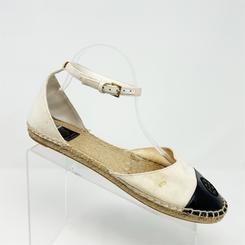 Tory Burch Womens Espadrille D'Orsay Flat Sandals Ivory/Black Logo Cap Toe 9.5